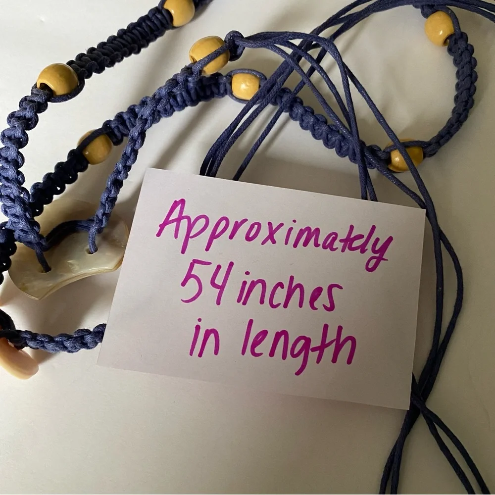 Boho Macramé Navy Waist Belt with Shell Heart Accents ~54 inches long